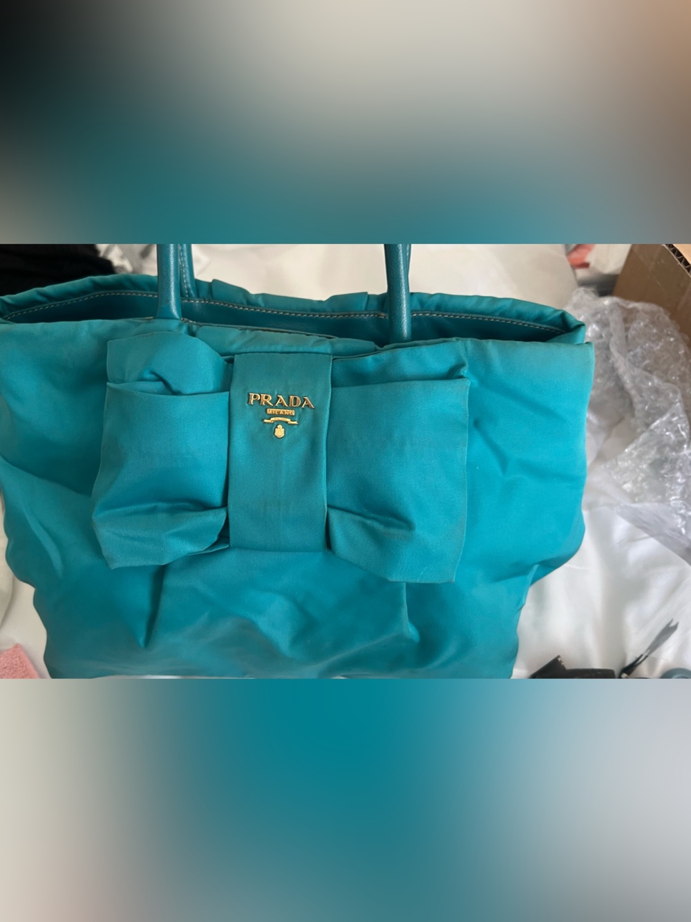 Prada Teal Nylon Tote with Bow and Gold Logo